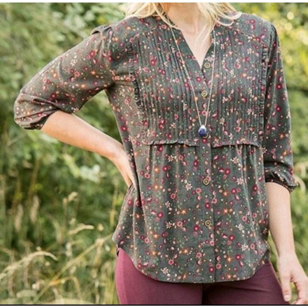 Matilda Jane Womens Shirt Afternoon Stroll Pleated Blouse Floral Peasant Large